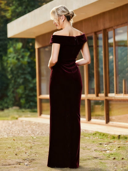 Pleated Off-the-Shoulder Beaded Long Dress With Slit Burgundy