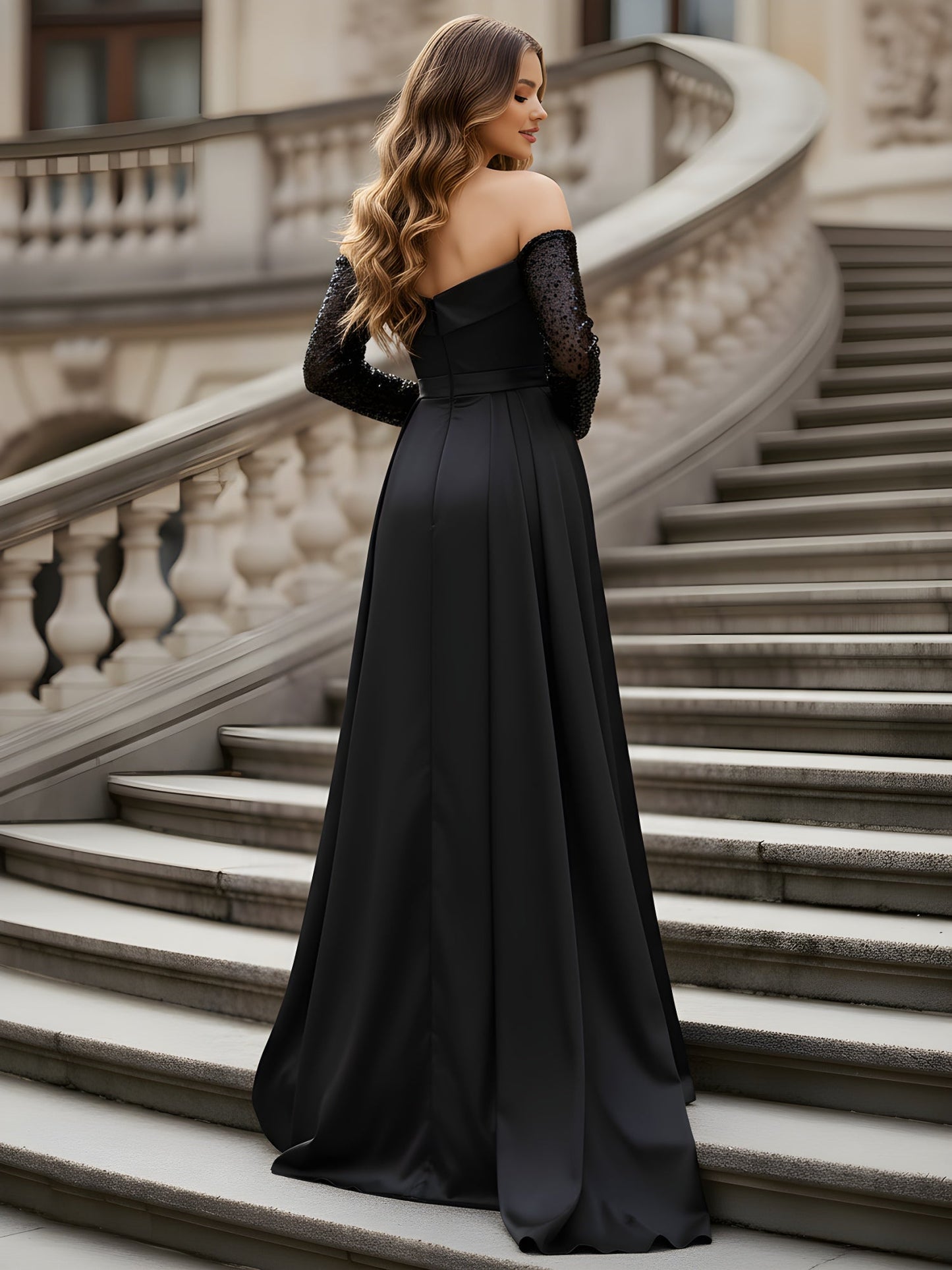 Off-Shoulder Long Sleeve Embellished Beaded Gown Black