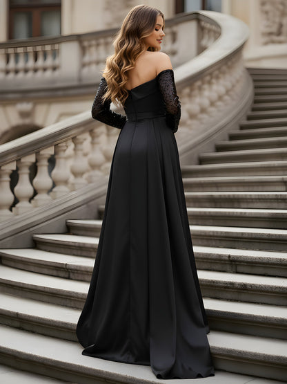 Off-Shoulder Long Sleeve Embellished Beaded Gown Black