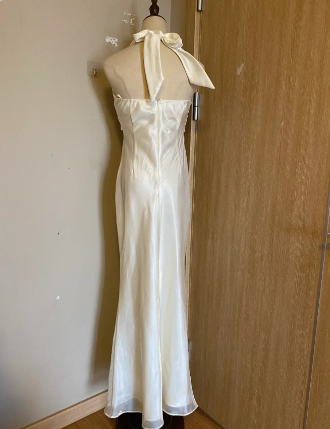 Elegant White Mermaid Halter Neck Satin Long Prom Dress Evening Dress cc5337