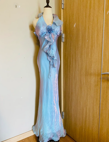 Dreamy Mermaid 3D Floral Ruffle Halter Neck Satin Long Prom Dress Evening Dress cc5338