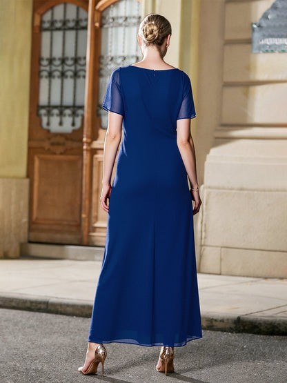 Pleated V-neck Ruffles Long Dress With Rhinestone Royal Blue