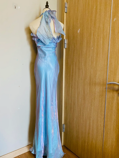 Dreamy Mermaid 3D Floral Ruffle Halter Neck Satin Long Prom Dress Evening Dress cc5338