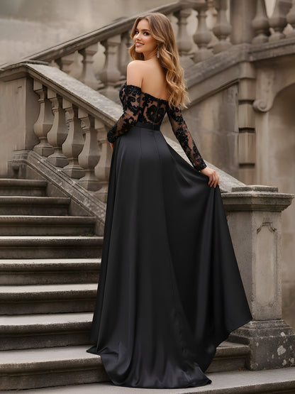 Lace Sheer Bodice Sheath High-Slit Dress Black