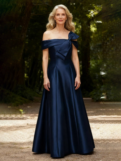 Bow Off-the-Shoulder A-Line Long Satin Dress Dark Navy