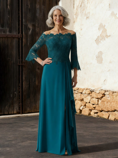 A-Line Lace Off-the-Shoulder Ruffle Dress With Slit Peacock