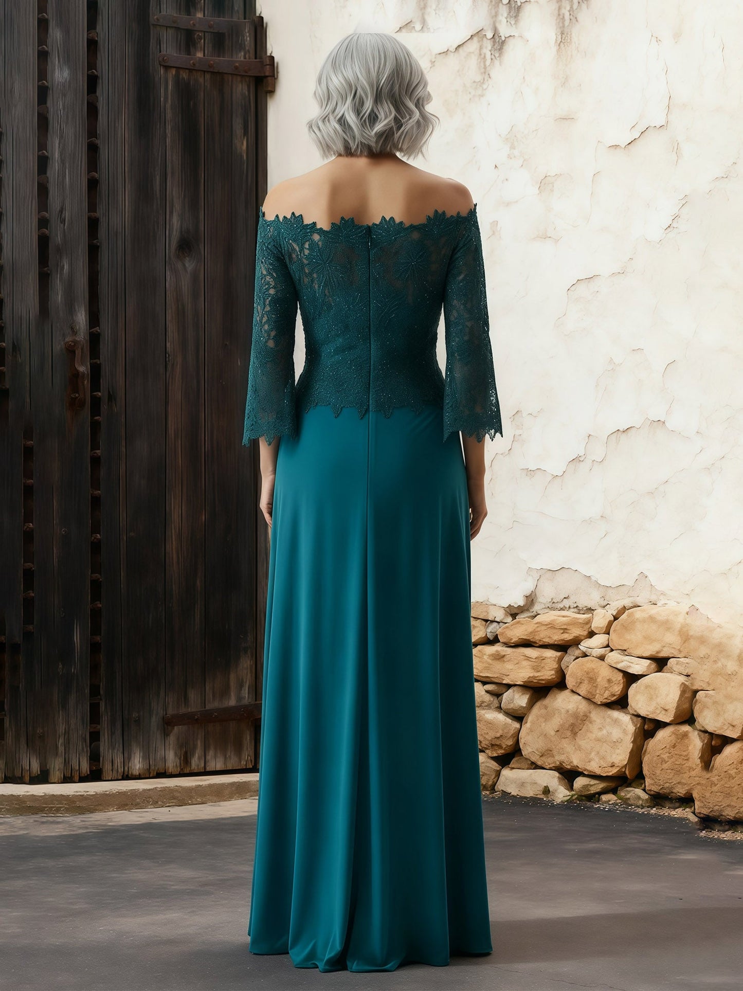 A-Line Lace Off-the-Shoulder Ruffle Dress With Slit Peacock