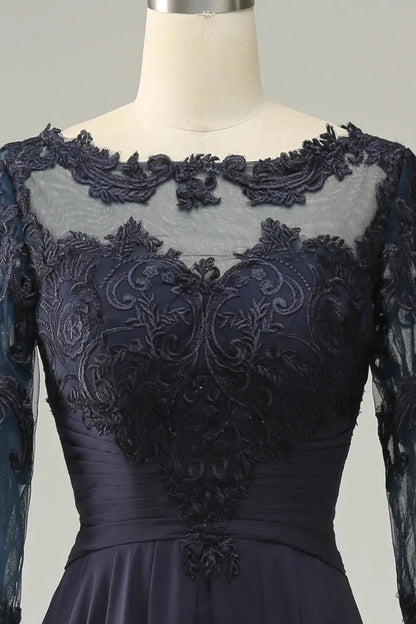 Asymmetric navy blue long sleeved bridal mother dress
