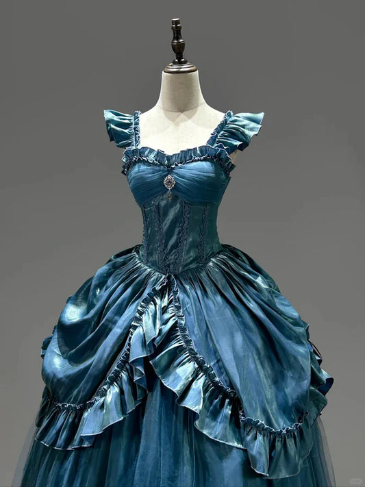 Light Blue Mysterious Vintage Fashion Elegant Long Satin Floor Length Ball Gown Evening Dress Party Dress gh4248
