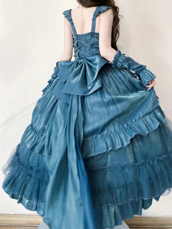 Light Blue Mysterious Vintage Fashion Elegant Long Satin Floor Length Ball Gown Evening Dress Party Dress gh4248