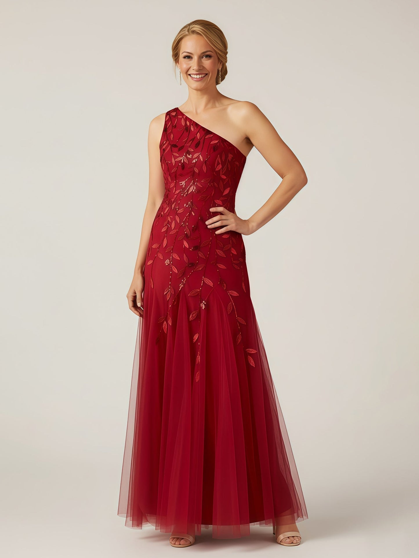 One Shoulder Sequins Appliqued Tulle Long Dress Burgundy