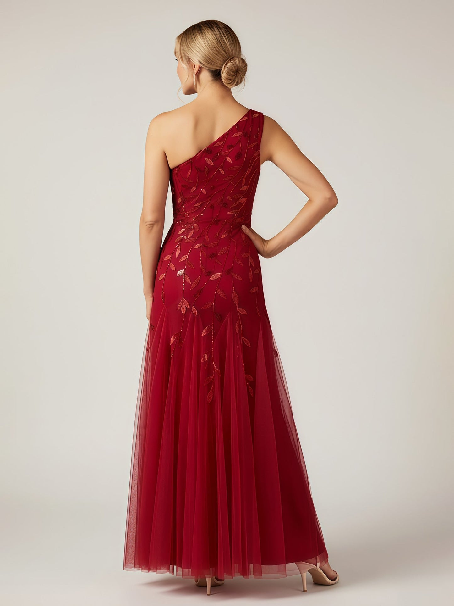 One Shoulder Sequins Appliqued Tulle Long Dress Burgundy