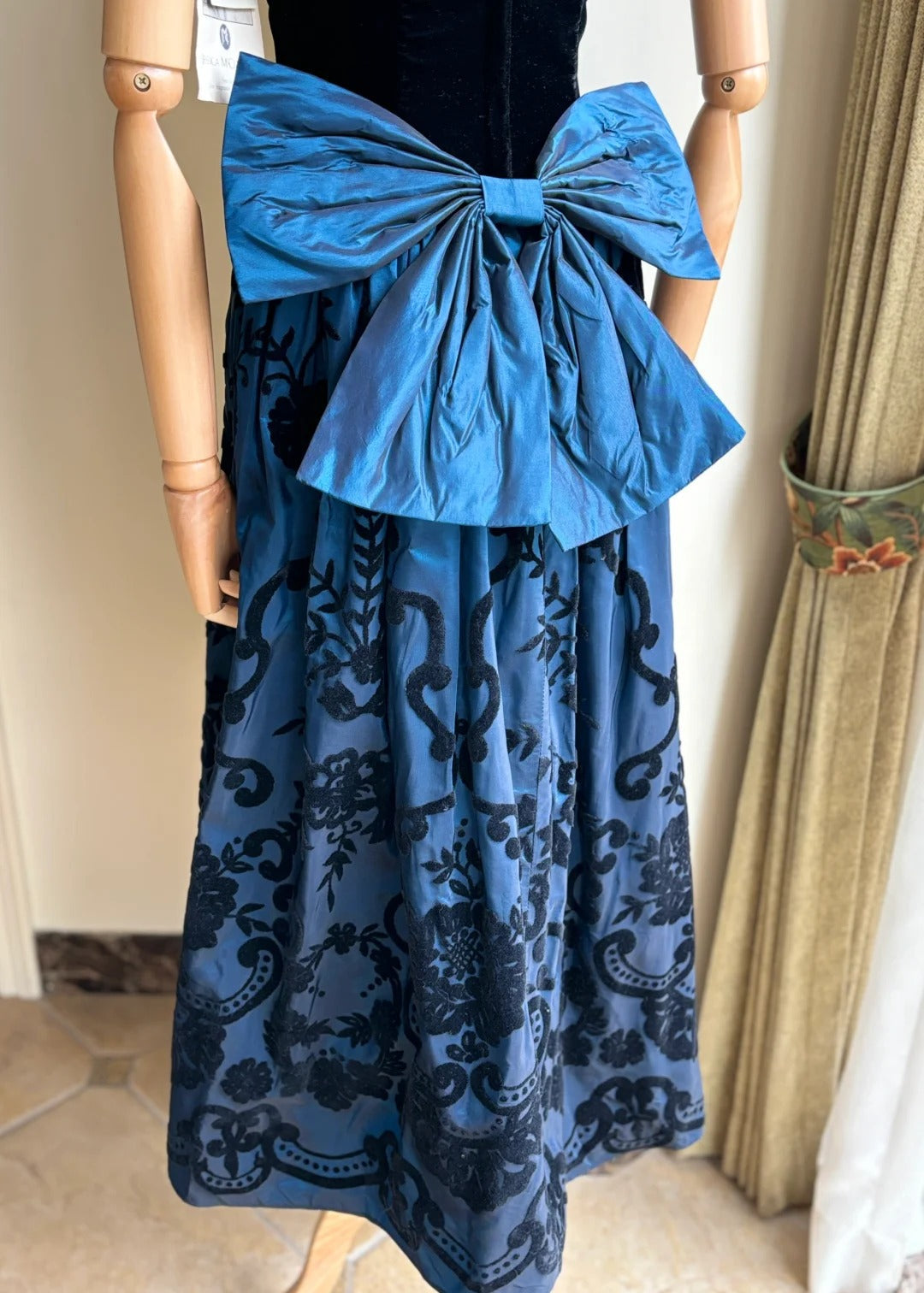 Retro Blue And Black A-line Strapless Bow Jacquard Velvet Long Prom Dress Evening Dress cc5341