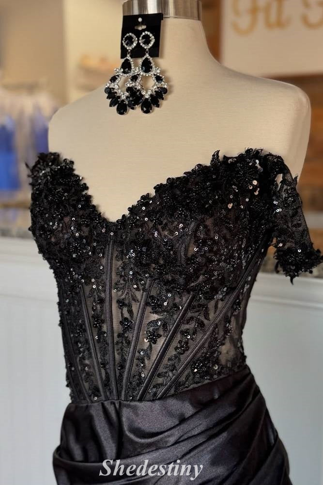 Black Off-Shoulder Mermaid Pleated Prom Dress with Sequin
