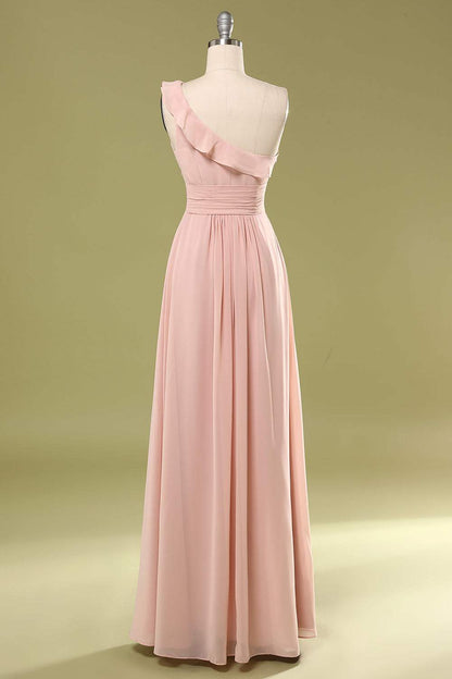 Blush Chiffon One-Shoulder Ruffled Bridesmaid Dress