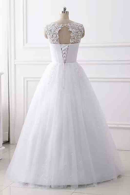Lace Applique V Neck A-Line Wedding Dress with Beading