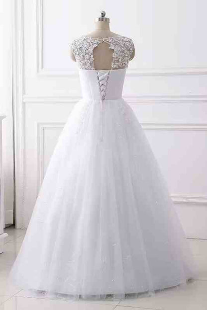 Lace Applique V Neck A-Line Wedding Dress with Beading