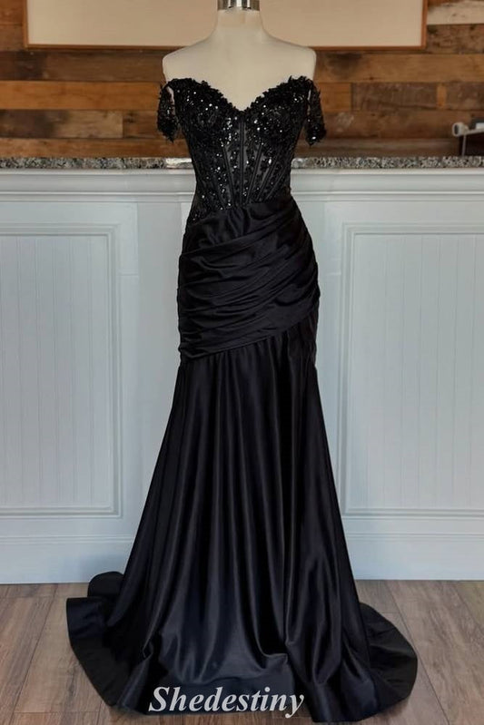 Black Off-Shoulder Mermaid Pleated Prom Dress with Sequin