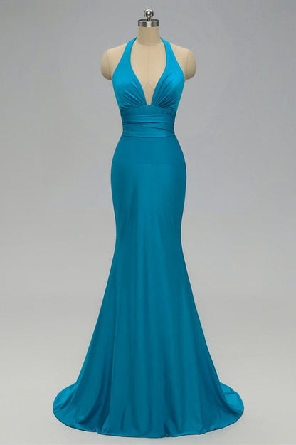 Sexy Mermaid Backless Blue Bridesmaid Dress with Tie Back