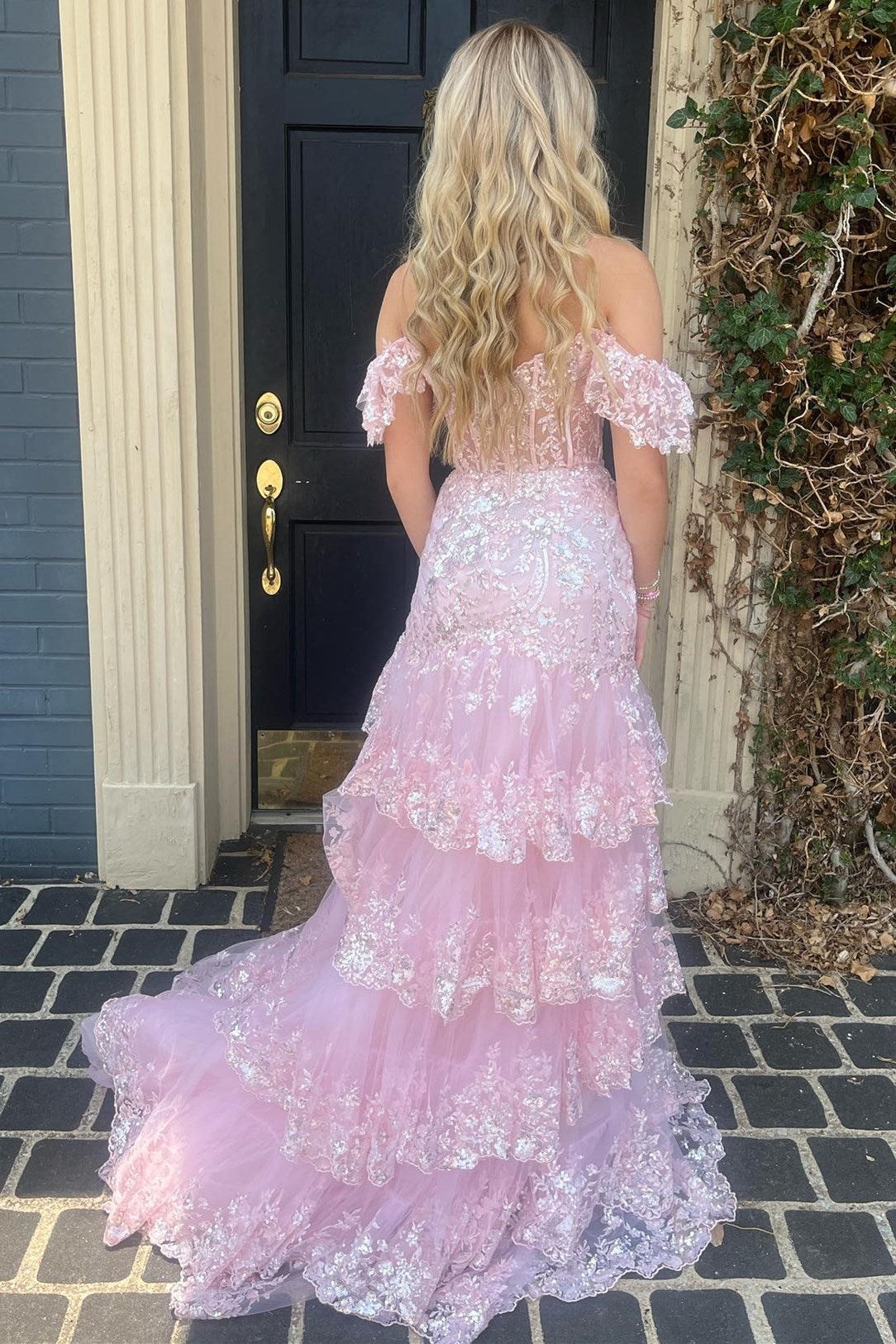 Red Sequin-Embroidery Off-the-Shoulder Tiered Long Prom Dress with Slit