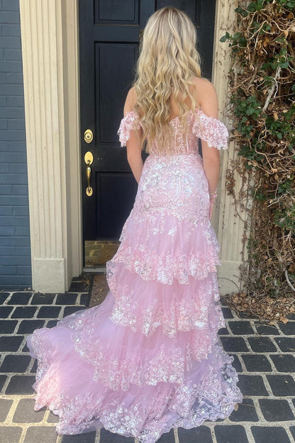 Red Sequin-Embroidery Off-the-Shoulder Tiered Long Prom Dress with Slit