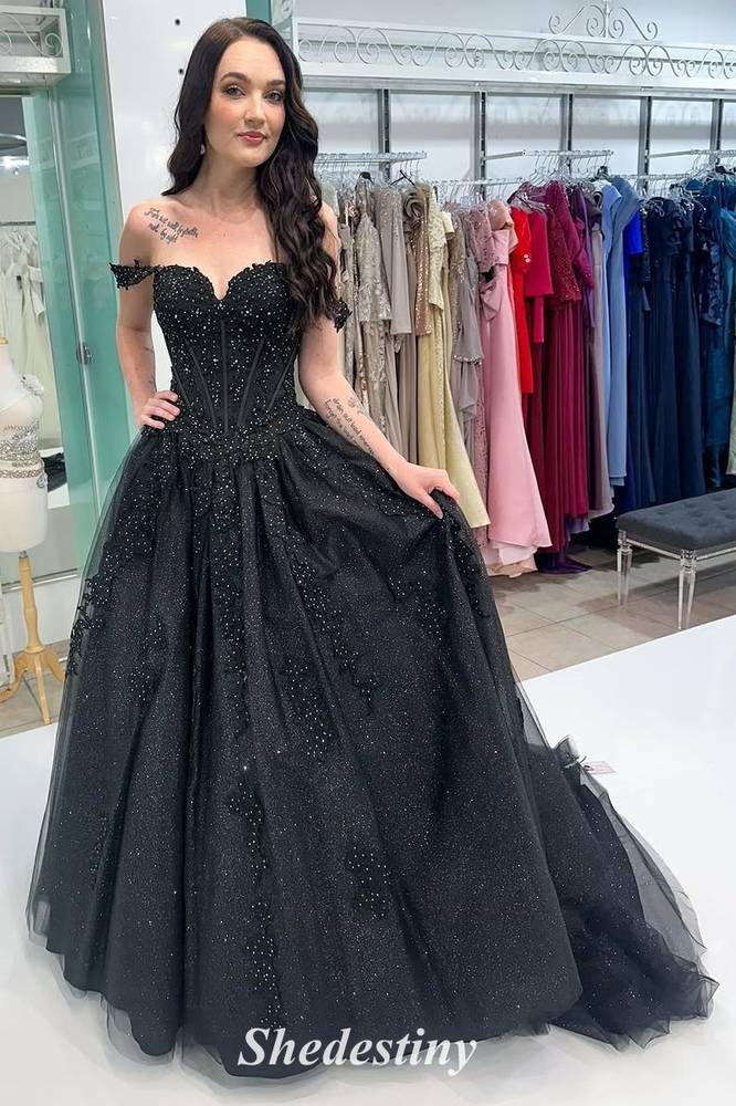 Off the Shoulder A-Line Black Wedding Dress with Rhinestone Appliuque