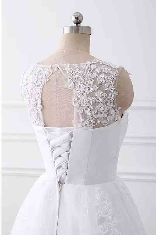 Lace Applique V Neck A-Line Wedding Dress with Beading