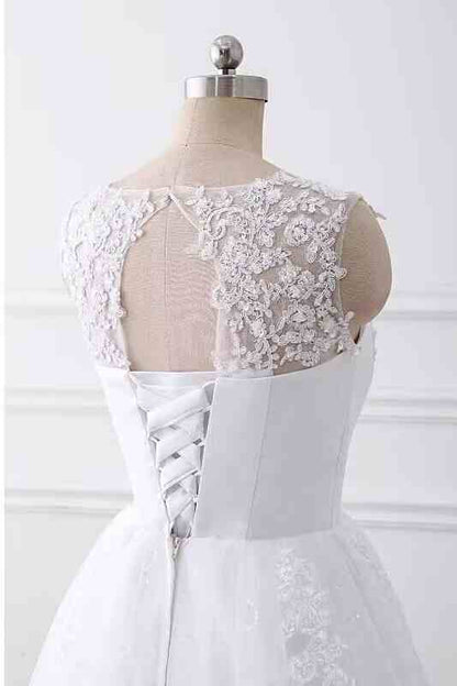 Lace Applique V Neck A-Line Wedding Dress with Beading
