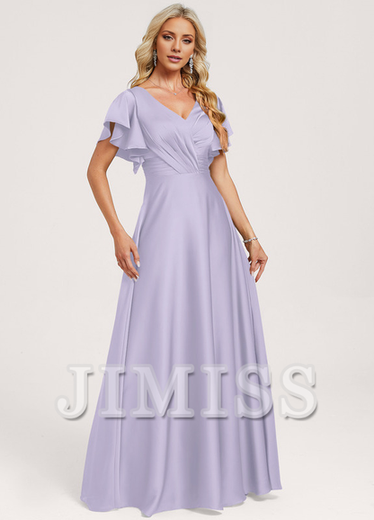 Ruffled A-line V-neck Floor-length Satin Bridesmaids Dress