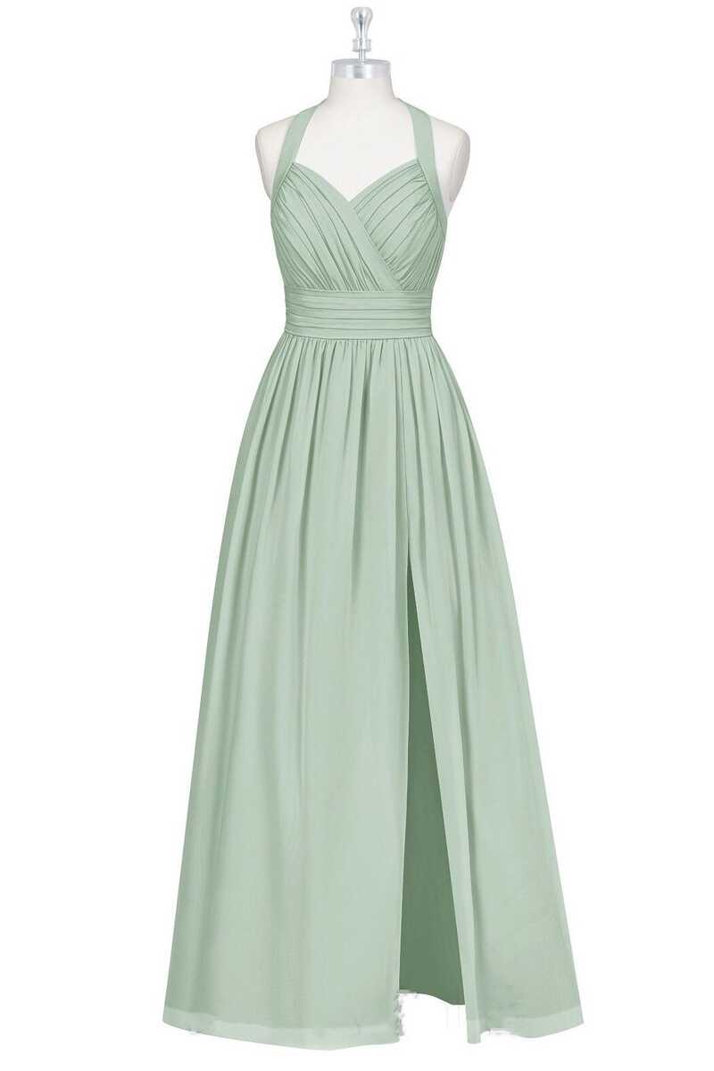 Sage Green Halter A-Line Bridesmaid Dress with Slit