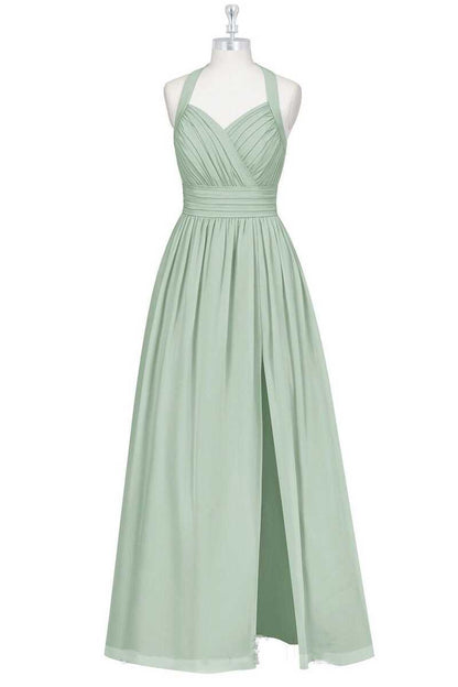 Sage Green Halter A-Line Bridesmaid Dress with Slit