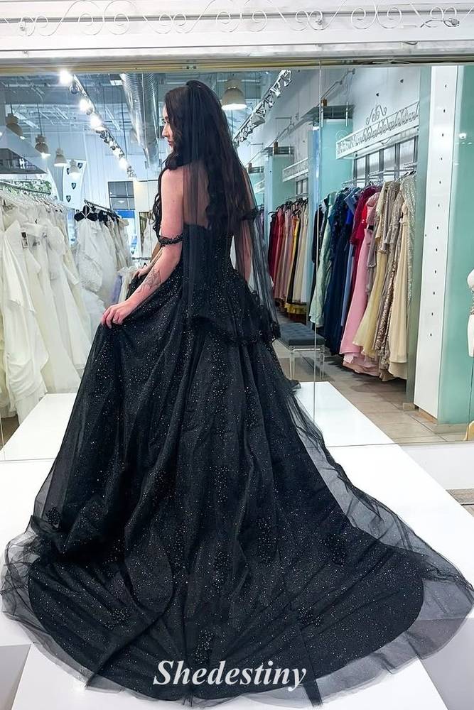 Off the Shoulder A-Line Black Wedding Dress with Rhinestone Appliuque