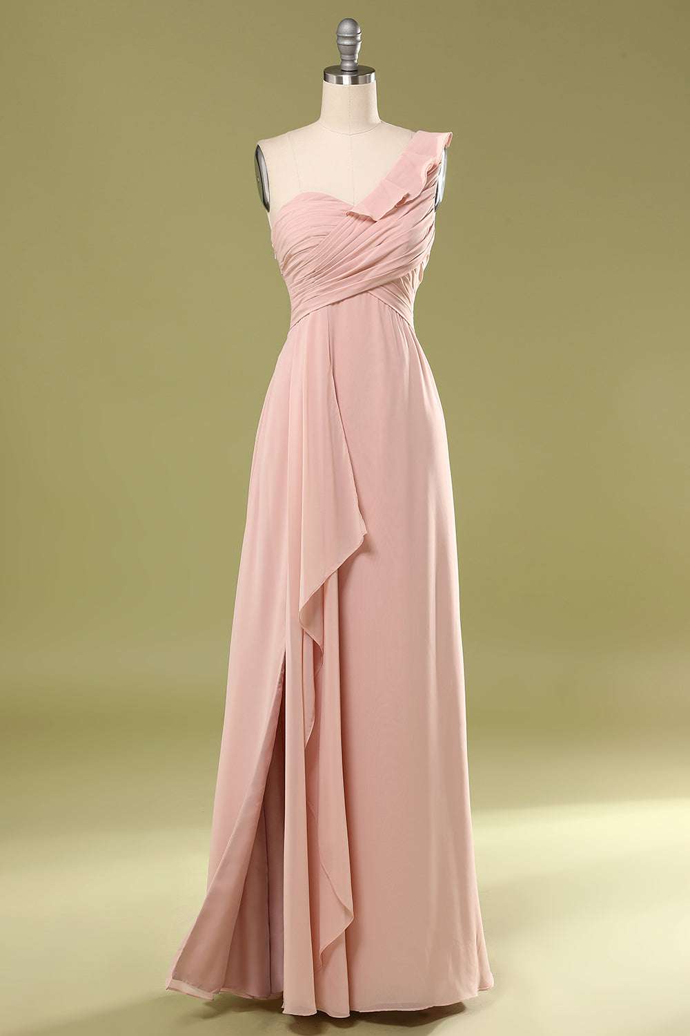Blush Chiffon One-Shoulder Ruffled Bridesmaid Dress