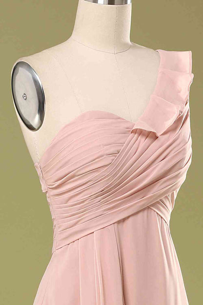 Blush Chiffon One-Shoulder Ruffled Bridesmaid Dress
