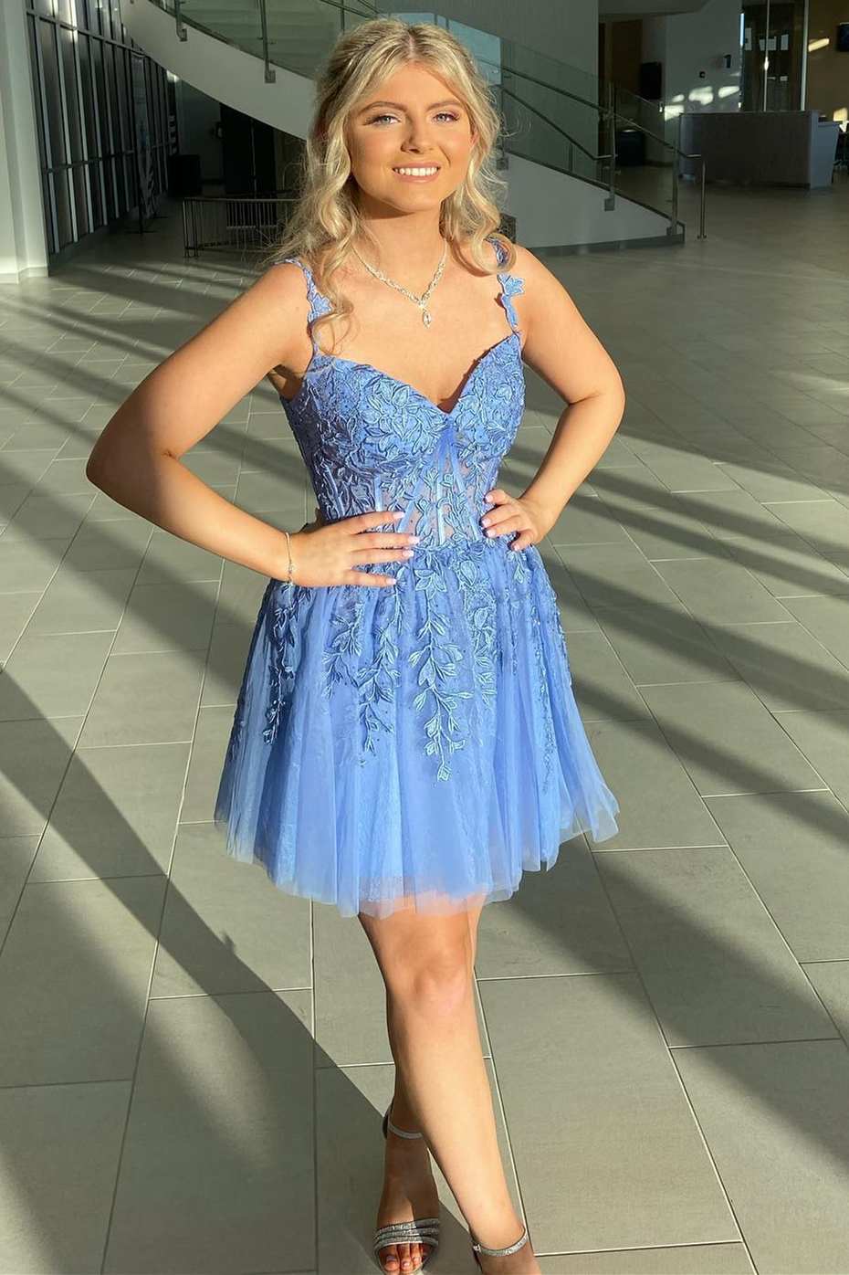 Sweet Aqua Appliques A-Line Homecoming Dress