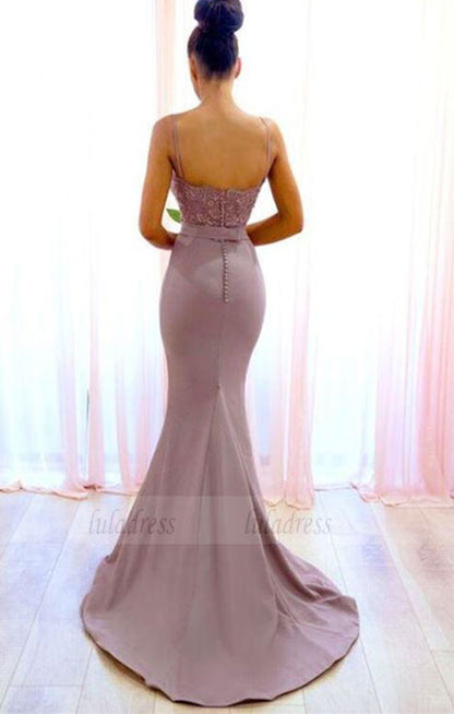 Mermaid Spaghetti Straps Sweep Train Bridesmaid Dress with Lace, long bridesmaid dresses