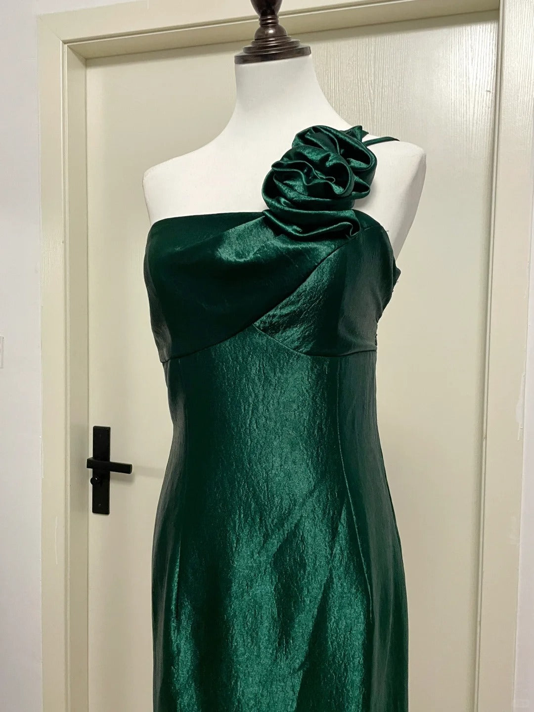 Elegant Dark Green 3D Floral One-shoulder Satin Long Prom Dress Evening Dress cc5342