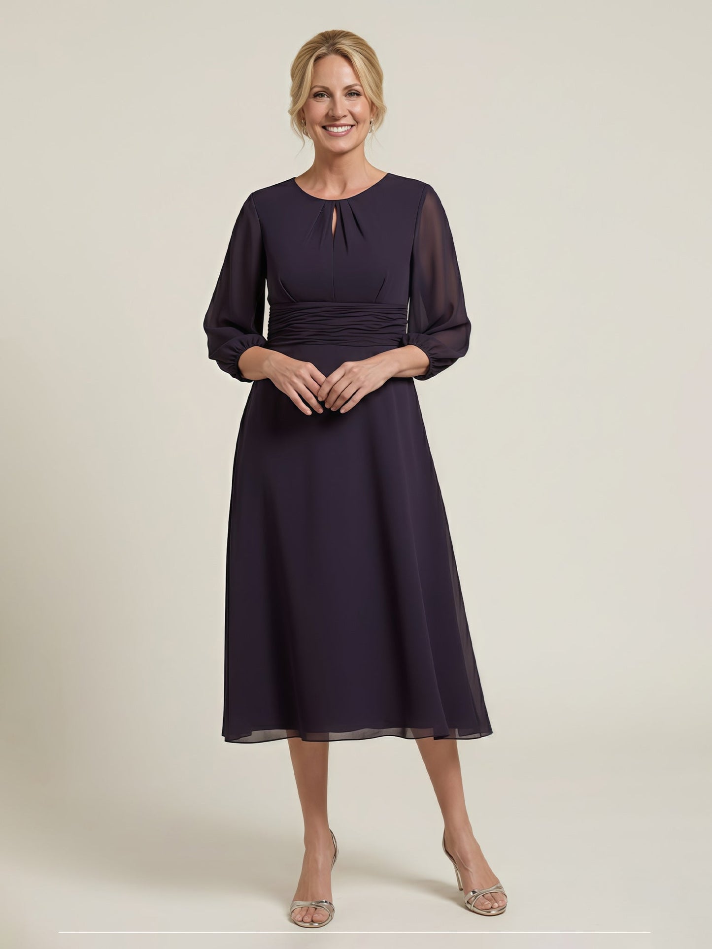 Pleated Scoop Neck 3/4 Sleeves Chiffon A-Line Dress Plum