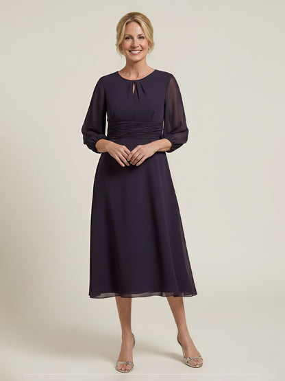 Pleated Scoop Neck 3/4 Sleeves Chiffon A-Line Dress Plum
