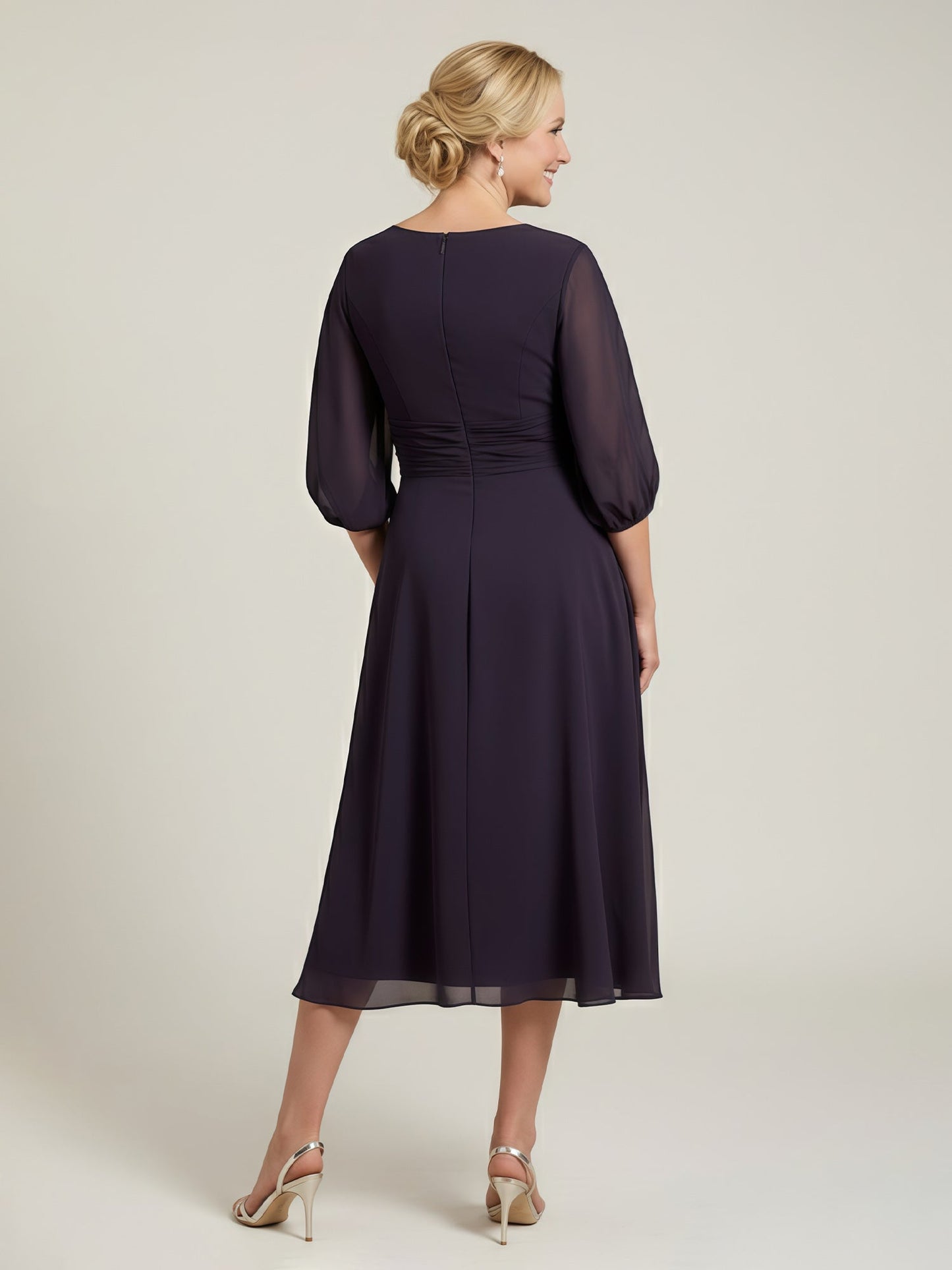 Pleated Scoop Neck 3/4 Sleeves Chiffon A-Line Dress Plum