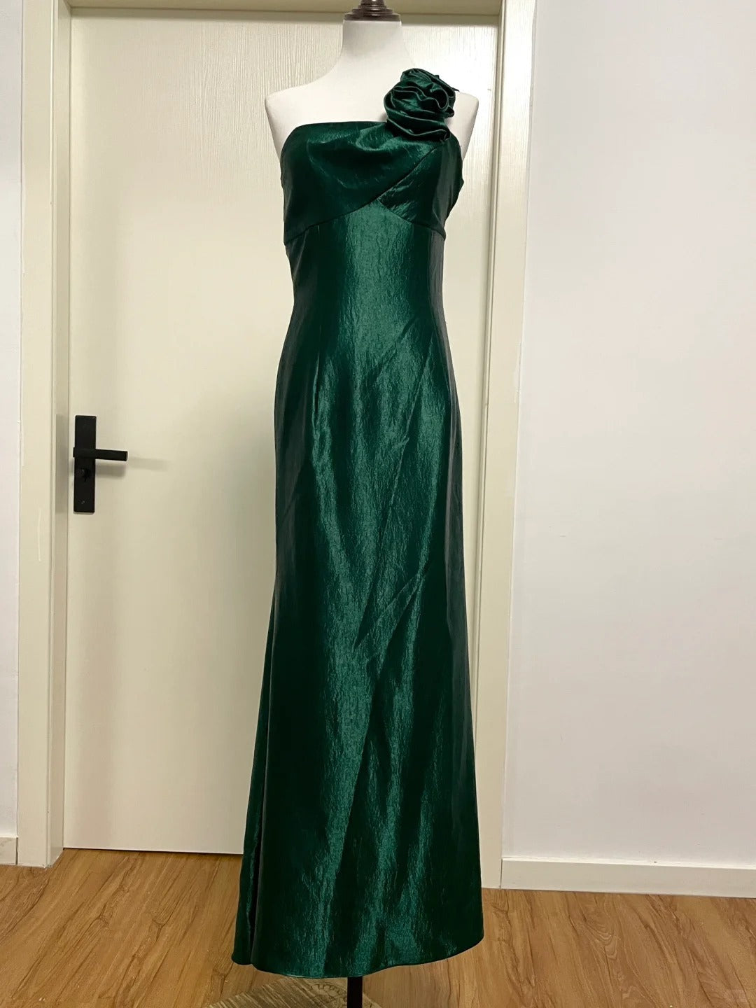 Elegant Dark Green 3D Floral One-shoulder Satin Long Prom Dress Evening Dress cc5342
