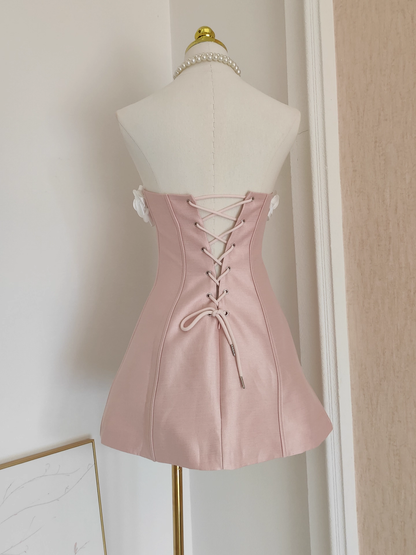 Vintage 3D Flowers Strapless A-Line Lace-up Satin Homecoming Dress Party Dress Short Cocktail Dress HZ1024