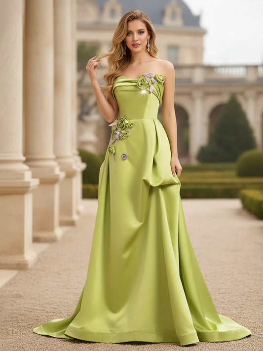 Strapless 3D Floral Applique Satin Gown Clover