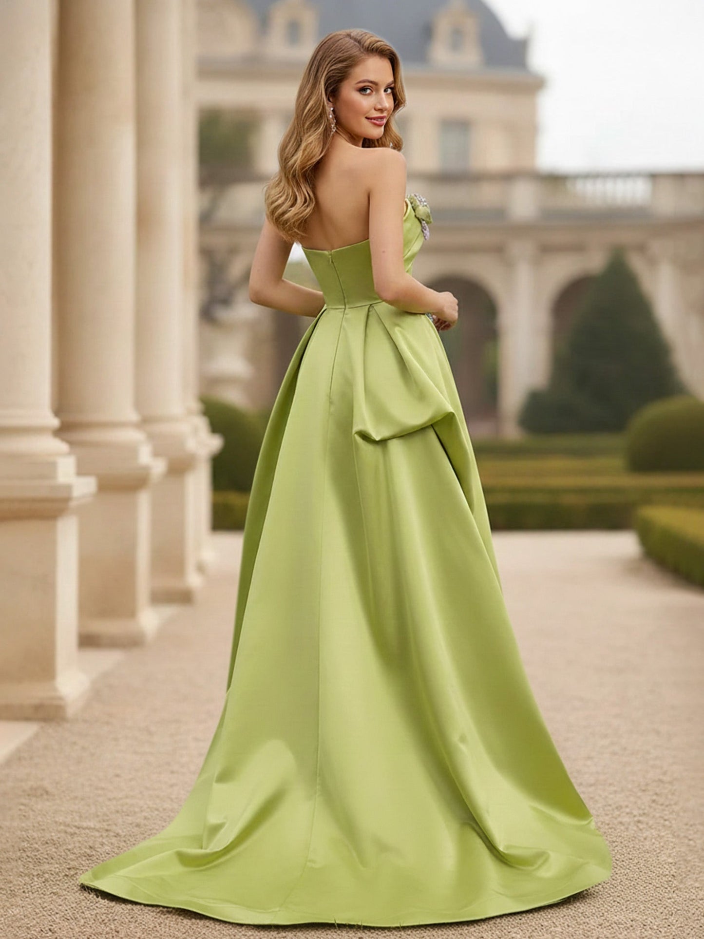 Strapless 3D Floral Applique Satin Gown Clover