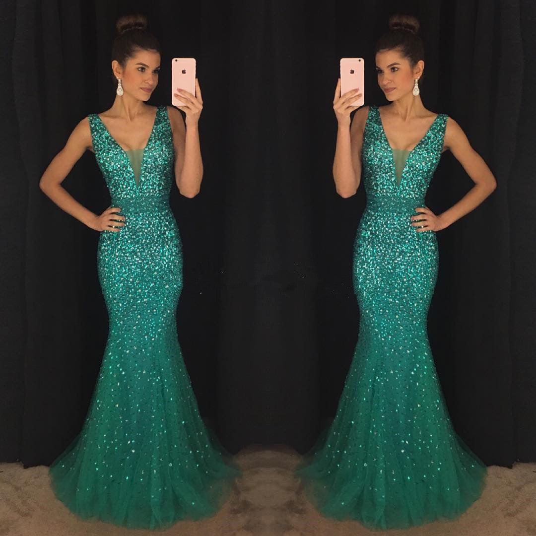 Deep V Neck Long Mermaid Evening Dresses Crystal Beaded