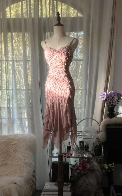 Retro Pink Sparkling Beaded Spaghetti Strap Romantic Chiffon Evening Dress Prom Dresses HZ1024