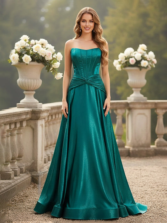 Strapless Pleated A-Line Sweep Train Gown Peacock