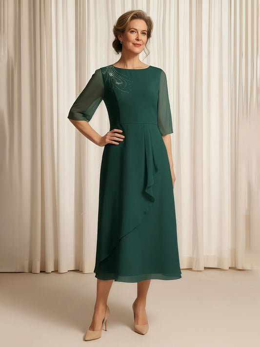 A-Line Bateau Neck Ruffle Chiffon Tea-length Dress Dark Green