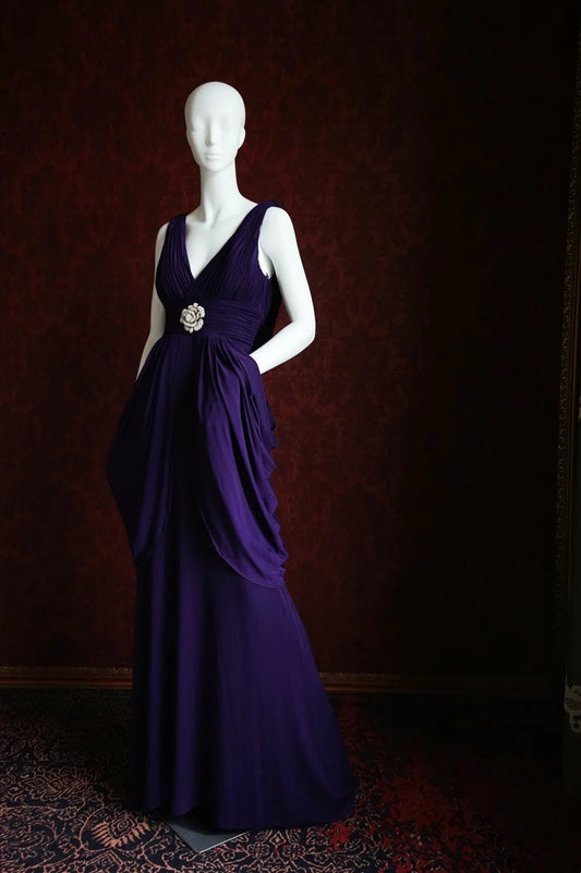 Deep Purple Satin Convertible V-Neck Maxi Evening Gown with Crystal Flower Detail gh6743