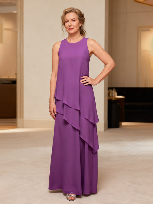 Scoop Neck Ruffles A-Line Floor-length Chiffon Dress Orchid